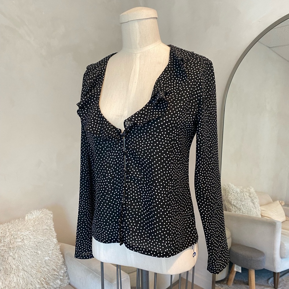 DARK NAVY AND WHITE POLKA DOT RUFFLE BUTTON DOWN LONG SLEEVE BLOUSE
